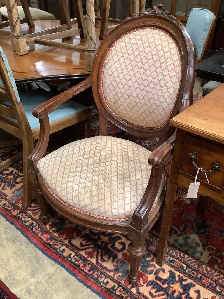 A pair of 19th century French elbow chairs, width 62cm, depth 50cm, height 100cm